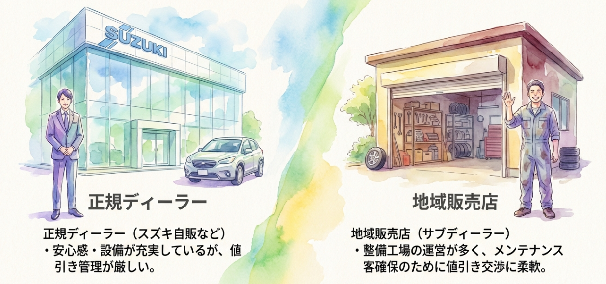 スズキ正規ディーラーと地域販売店（サブディーラー）の特徴と値引き柔軟性の違い