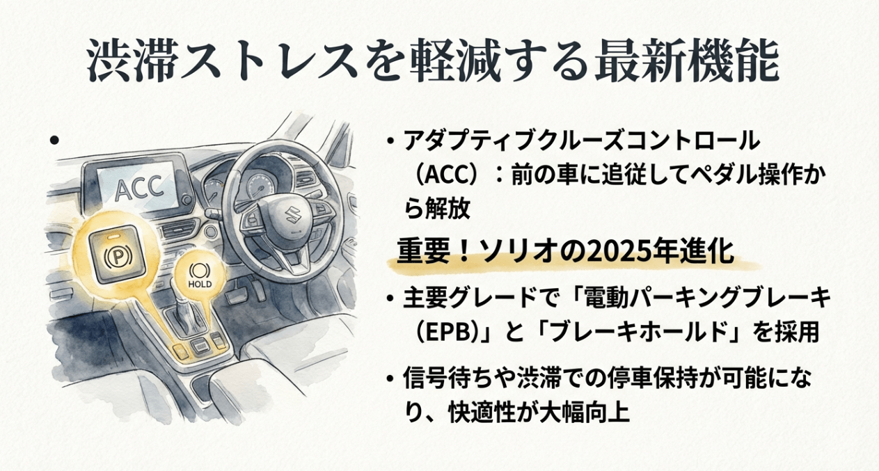 渋滞ストレスを軽減する最新機能。ソリオの2025年進化による電動パーキングブレーキとブレーキホールドの採用。