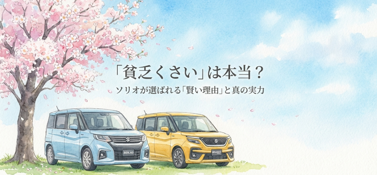 スズキ・ソリオとソリオバンディットのイラスト。「貧乏くさいは本当？ソリオが選ばれる賢い理由と真の実力」というタイトルのスライド資料表紙。