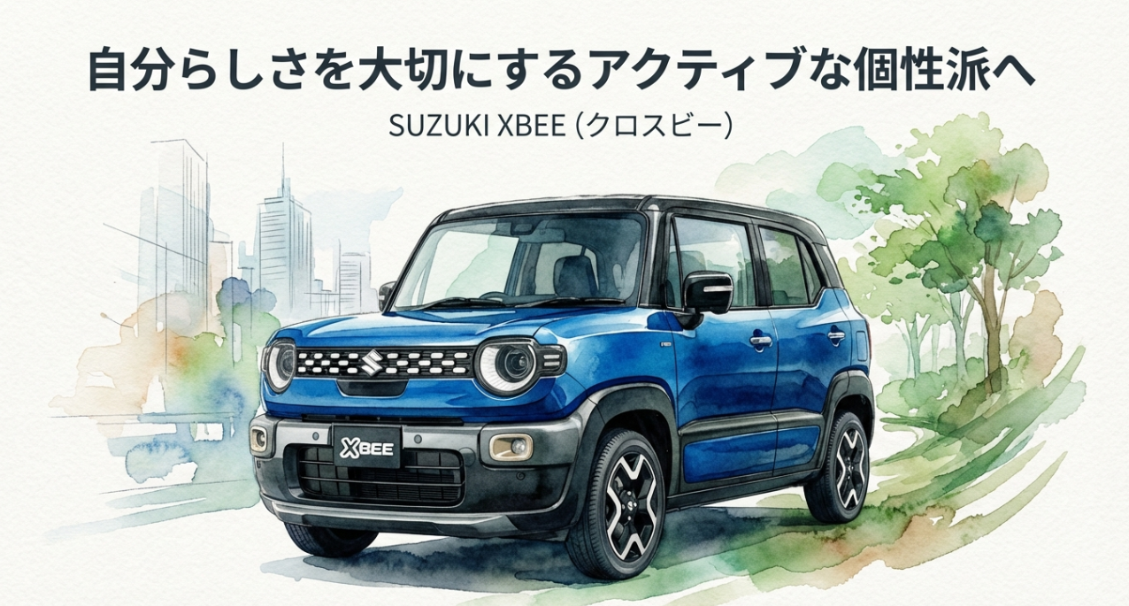 スズキ・クロスビー 2025年モデルのメインビジュアル。自分らしさを大切にするアクティブな個性派へのメッセージ。