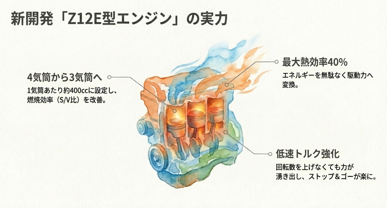 新開発Z12E型エンジンの実力：3気筒化による熱効率40%達成と低速トルク強化の解説