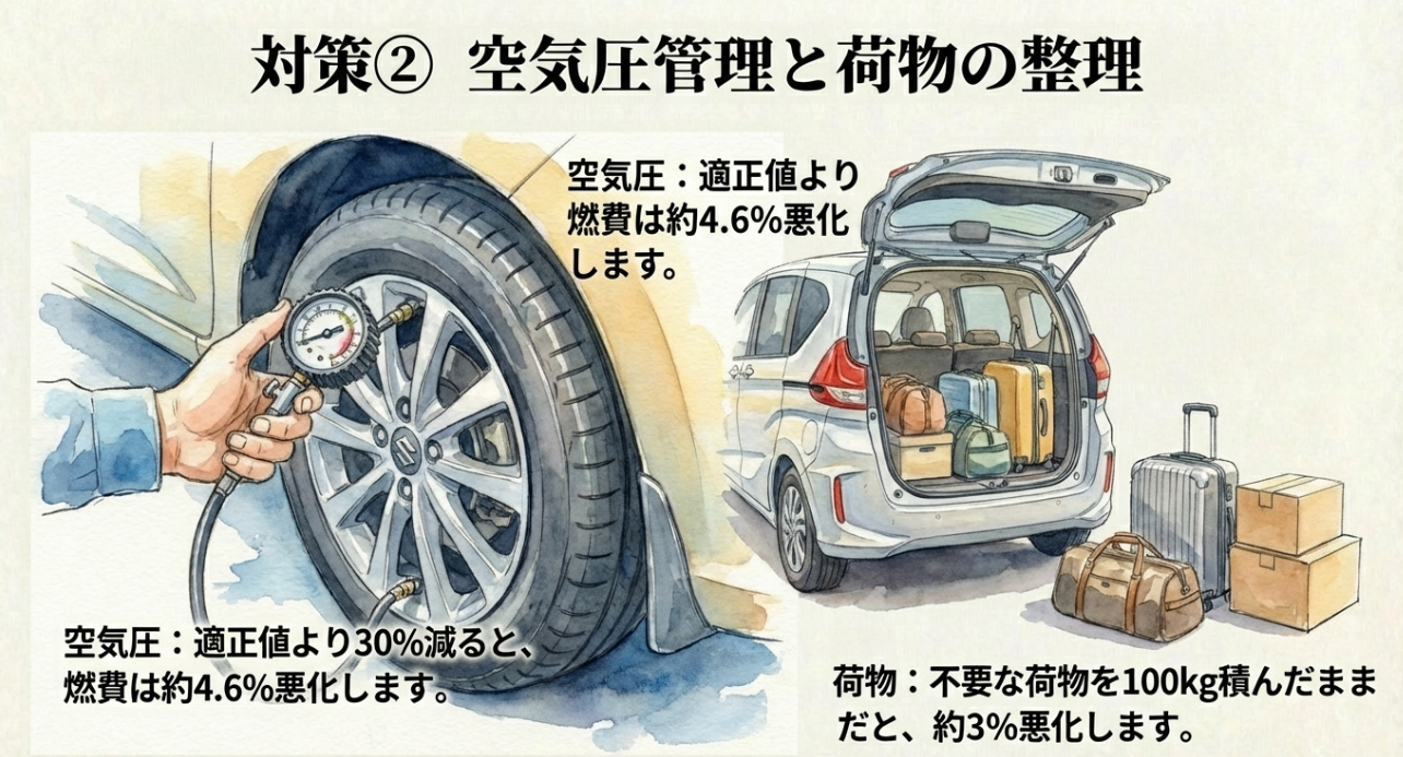 タイヤの空気圧不足や不要な荷物の積載による燃費悪化率のデータ図