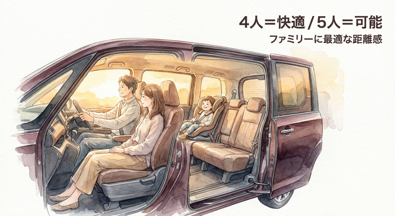 ルーミーは4人乗車が快適で5人乗車も可能という使い分けの目安を示すスライド