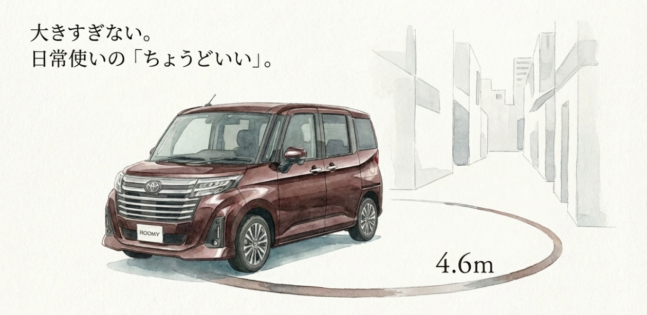 ルーミーの小回り性能と日常使いのしやすさを伝えるスライド。最小回転半径4.6mと街中の取り回しの良さを示し、赤茶色のルーミーが描かれている。