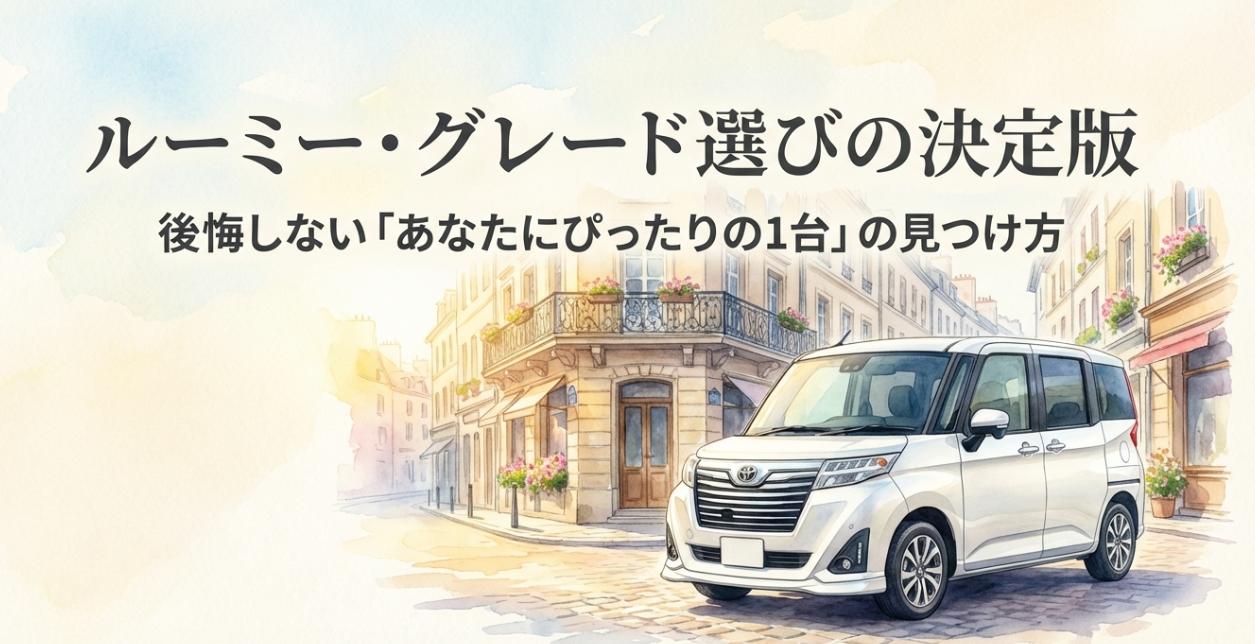 ルーミーのグレード選びのポイントを紹介する表紙スライド。後悔しない1台の見つけ方をテーマにした画像