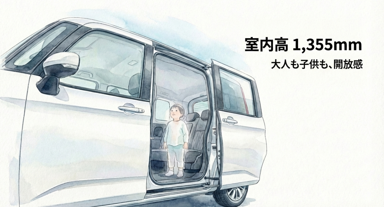 ルーミーの室内高1355mmによる頭上の開放感と乗り降りのしやすさを示すスライド