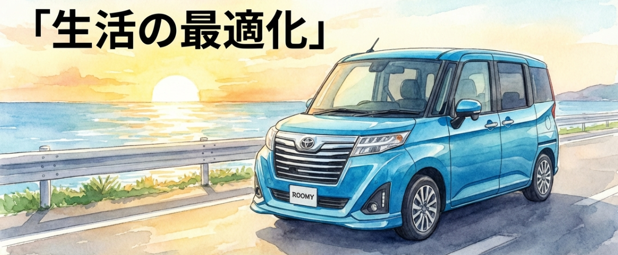 ルーミーは生活の最適化につながる車だと伝える締めのスライド。海沿いの道を背景に青いルーミーが描かれている。