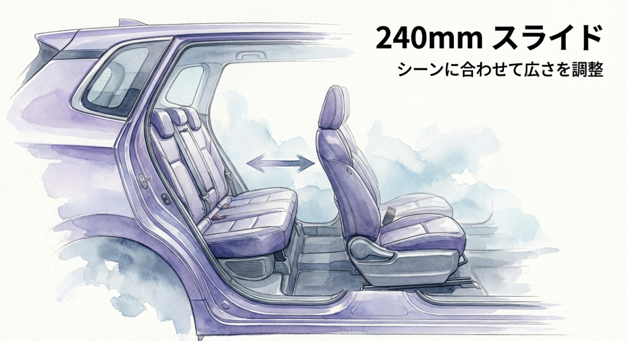 ルーミーの後席が最大240mmスライドし乗員や荷物に合わせて空間調整できることを示すスライド