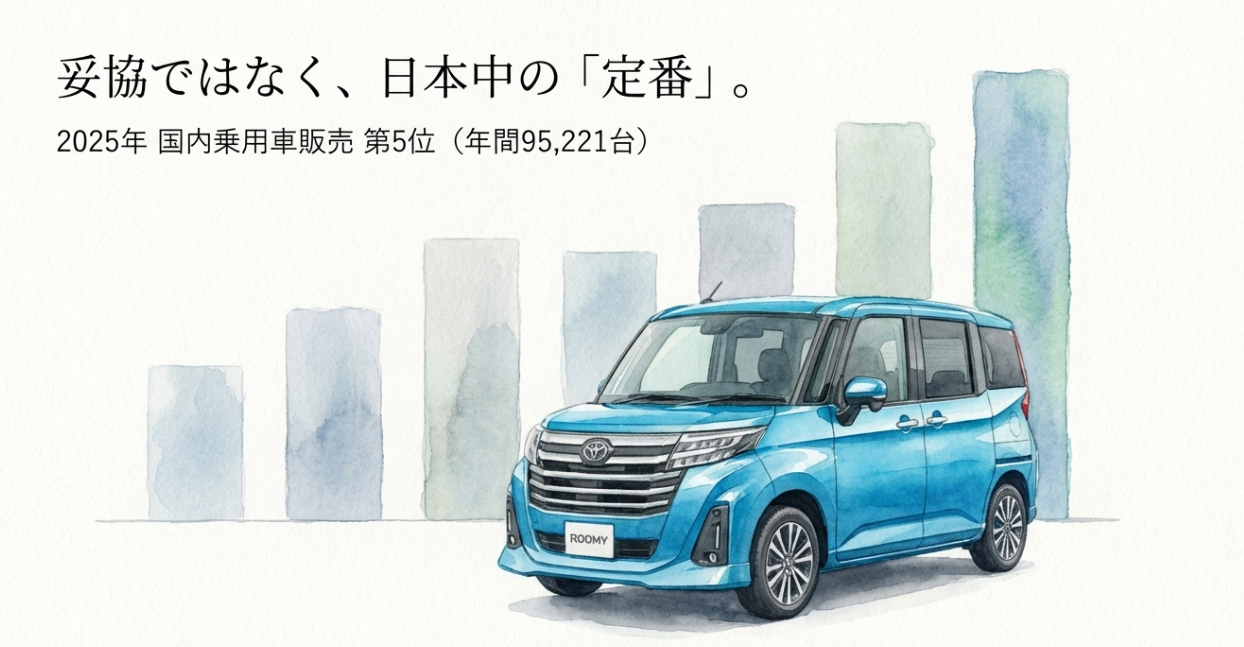 トヨタルーミーが2025年国内乗用車販売5位、年間95221台の実績を示すスライド。棒グラフ風の背景と青いルーミーのイラスト入り。