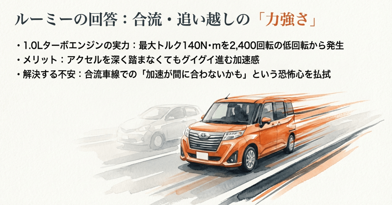 トヨタ・ルーミーの1.0Lターボエンジンによる力強い加速と合流・追い越しのメリット。