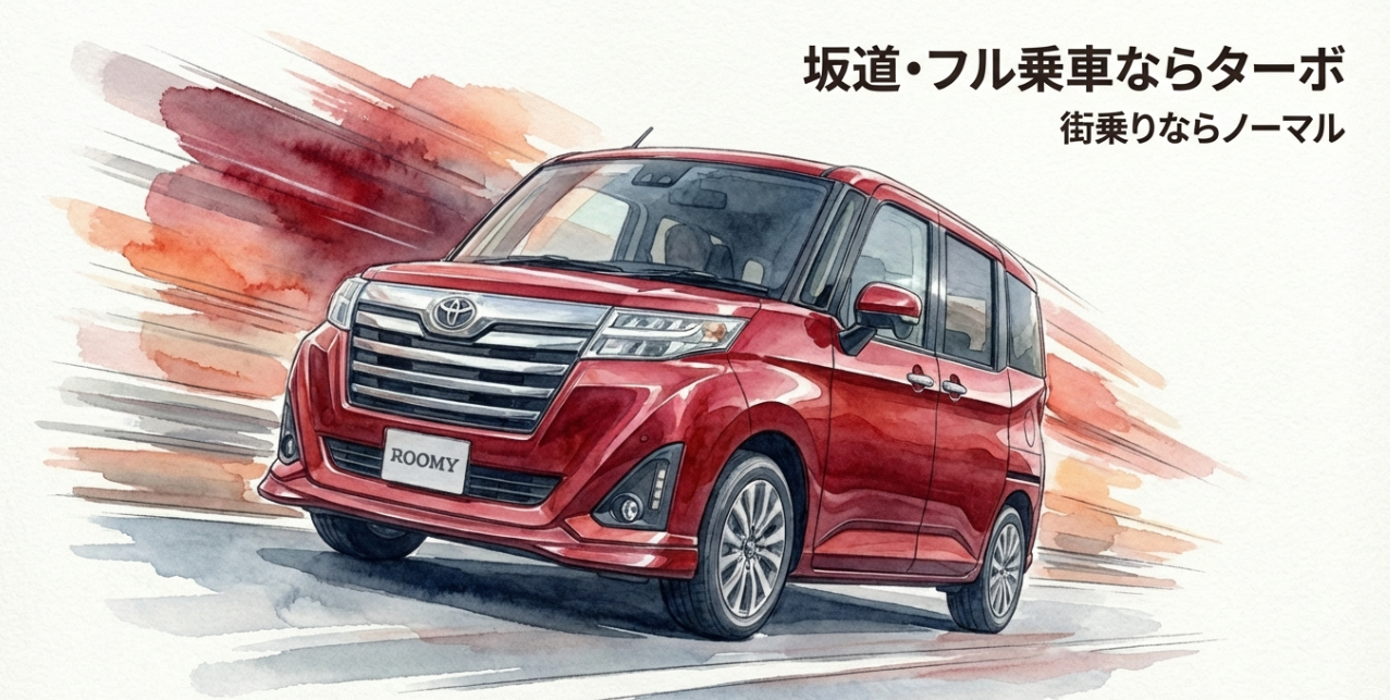 ルーミーは坂道やフル乗車ならターボ、街乗り中心ならノーマルが選びやすいことを示すスライド