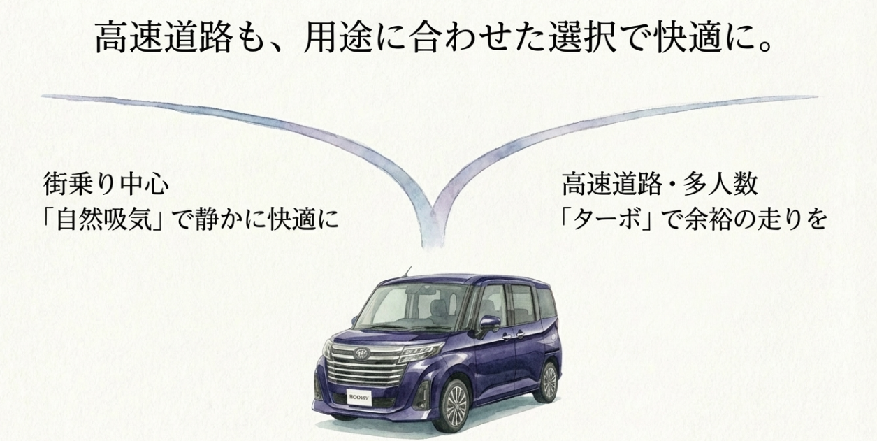 ルーミーは街乗り中心なら自然吸気、高速道路や多人数乗車が多いならターボが向くと説明する比較スライド。紫のルーミーのイラスト入り。