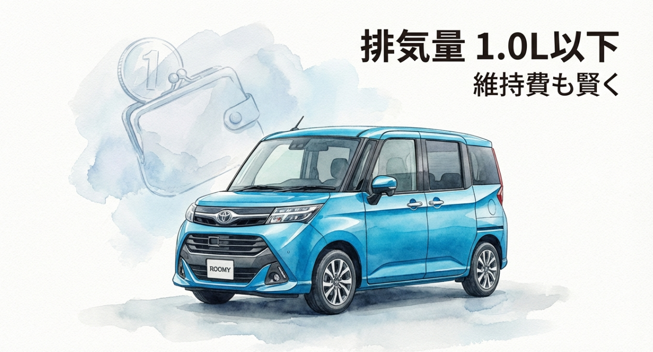 ルーミーが排気量1.0L以下区分で自動車税など維持費面で有利になりやすいことを示すスライド