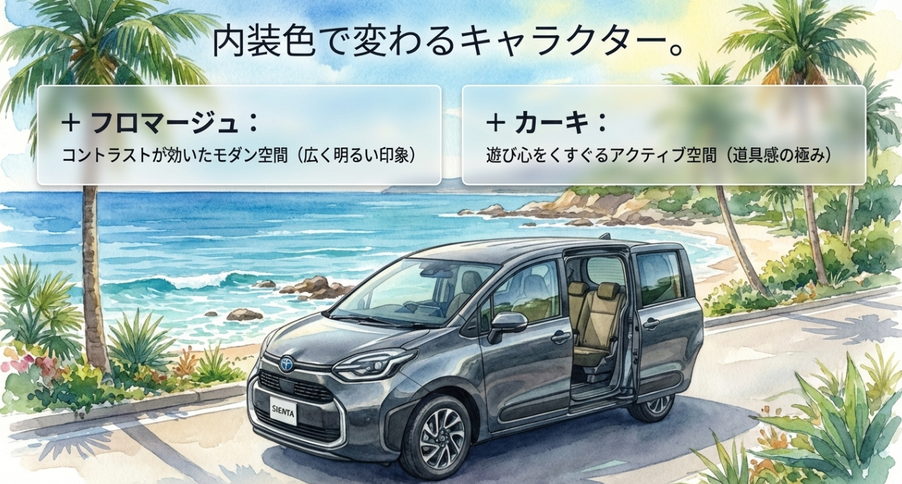 ダークグレーの新型シエンタにフロマージュ内装とカーキ内装を組み合わせたときの印象の違いを紹介するスライド