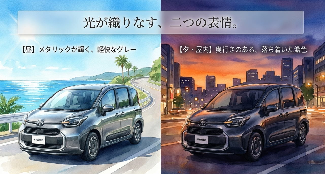 昼の明るい道路と夕方の街中で見え方が変わるダークグレーの新型シエンタを比較したスライド
