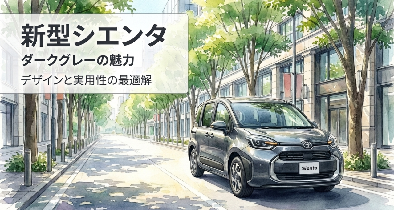 新型シエンタのダークグレーの魅力を紹介する表紙スライド。街路樹のある街並みにダークグレーのシエンタが描かれている