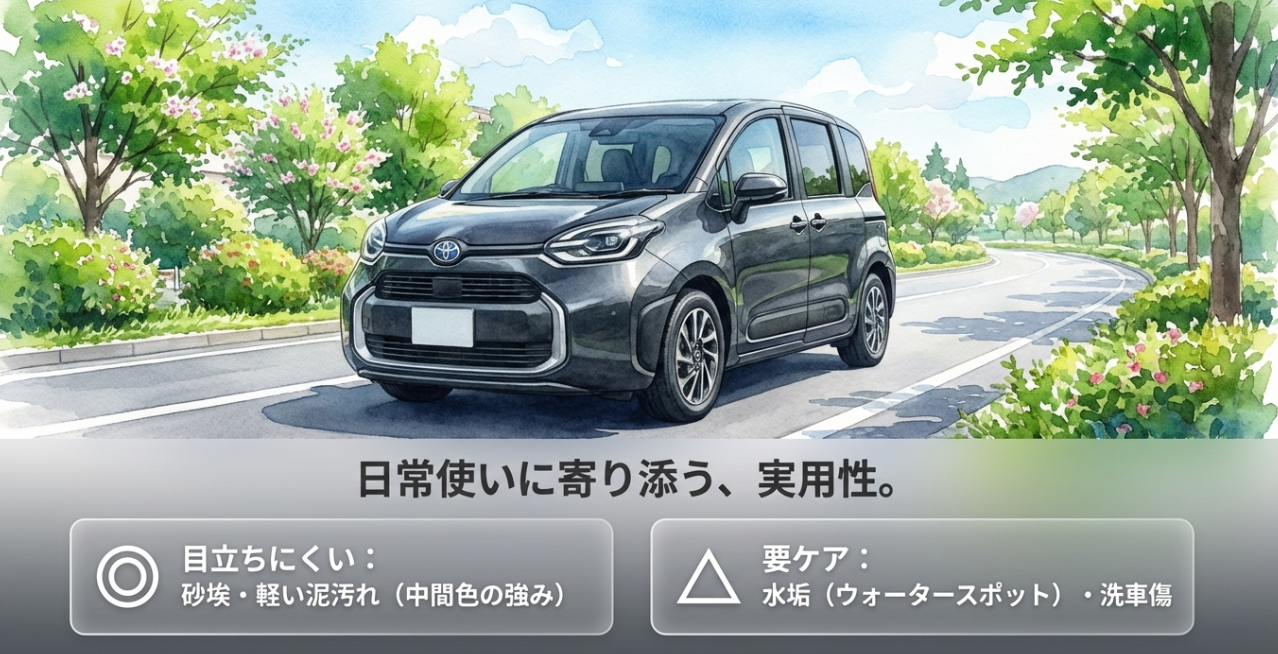 日常使いにおけるダークグレーの実用性として、砂埃や軽い泥汚れの目立ちにくさと水垢・洗車傷への注意点をまとめたスライド