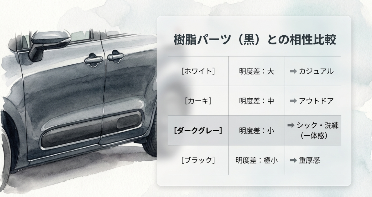 新型シエンタのダークグレーと他色を、黒い樹脂パーツとの明度差と印象で比較したスライド