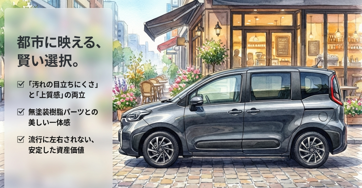 都市の街並みに停車したダークグレーの新型シエンタと、汚れの目立ちにくさや上質感、一体感を訴求したスライド