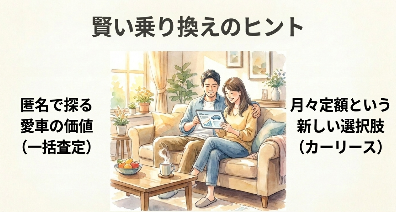 中古車一括査定とカーリースという賢い乗り換えのヒントを紹介するスライド