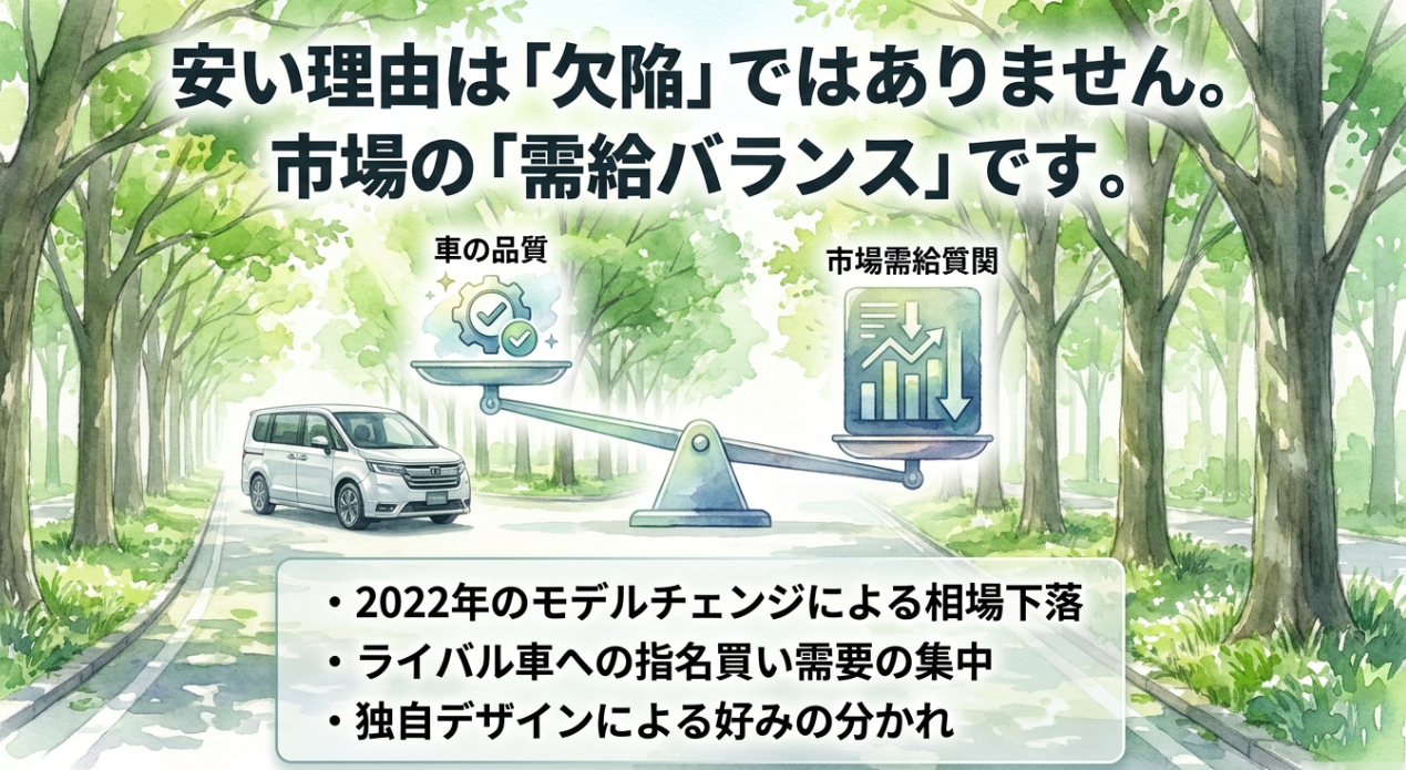 ステップワゴンの中古が安い理由は欠陥ではなく市場の需給バランスであることを示す図