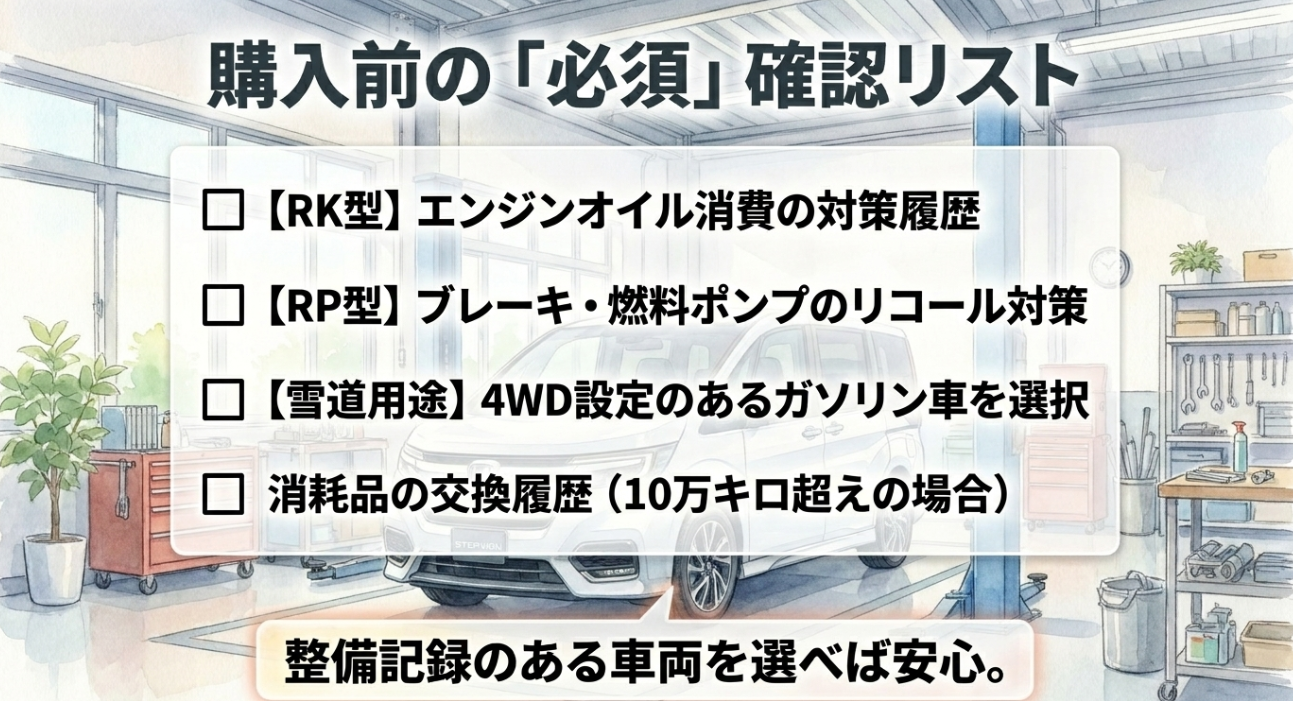 中古ステップワゴン購入前に確認すべきオイル消費・リコール・4WD・整備記録のチェックリスト