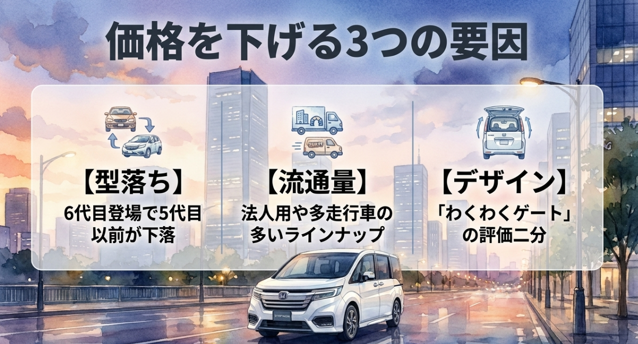 ステップワゴンの中古価格を下げる型落ち・流通量・デザイン評価の3要因を説明する図