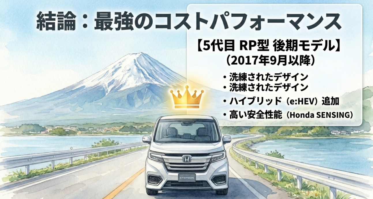 2017年9月以降の5代目RP型後期ステップワゴンが高コスパな狙い目であることを示す画像