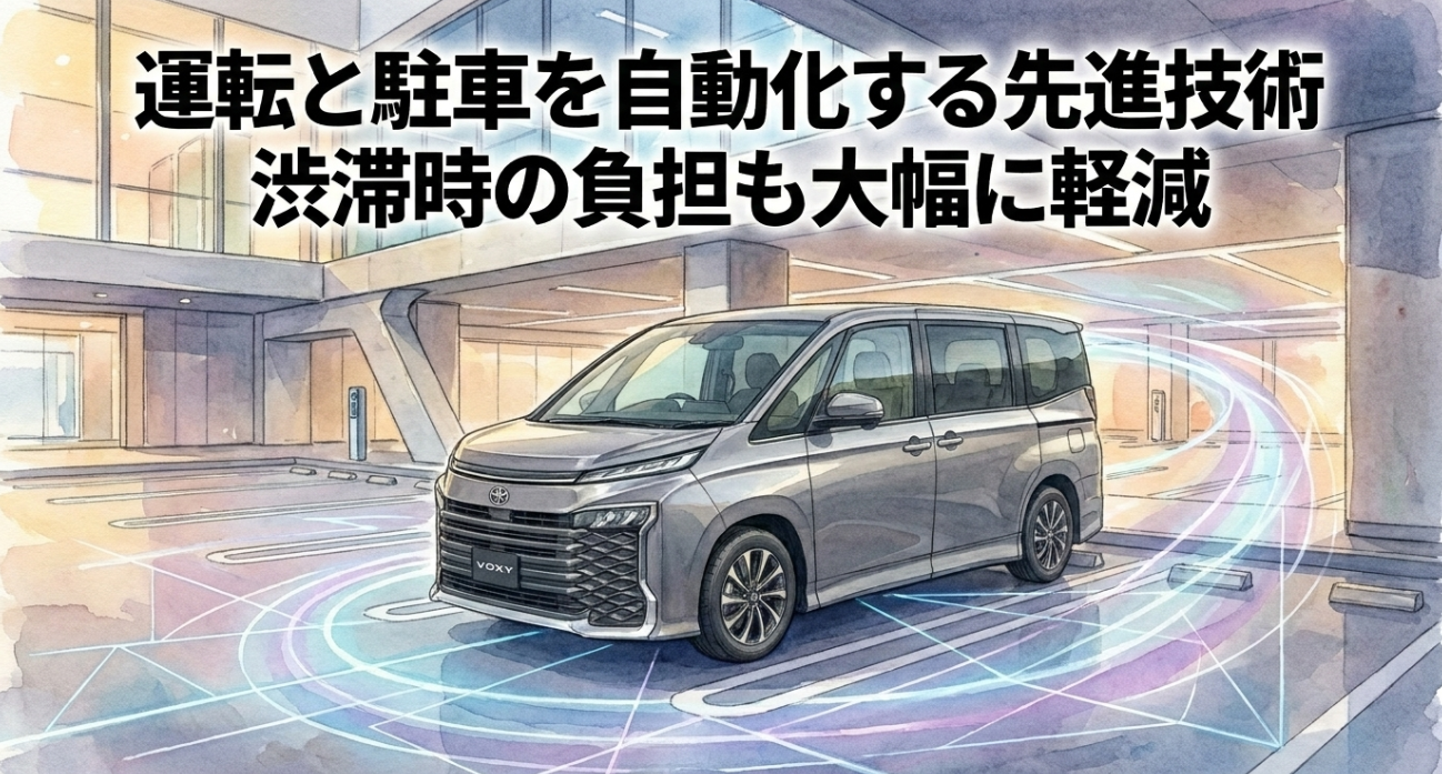 ヴォクシーの運転と駐車を自動化する先進技術や渋滞時の負担軽減を表す画像