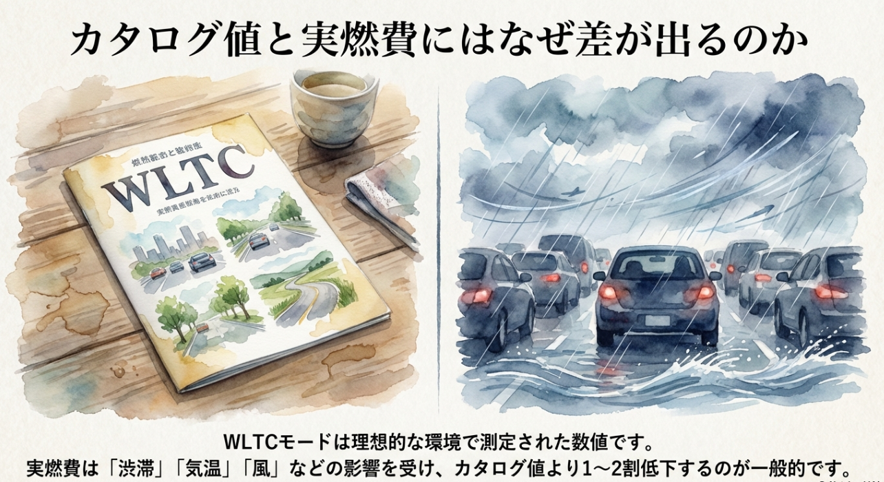 カタログ燃費（WLTCモード）と実燃費に差が出る理由（渋滞・気温・風など）の解説図