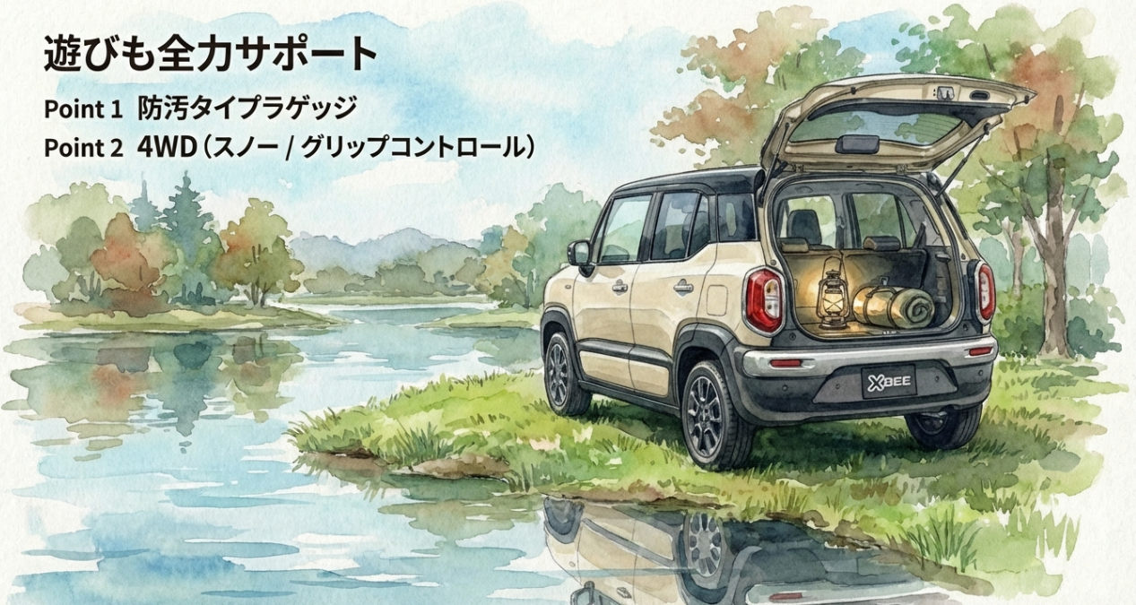 新型クロスビー2025の防汚タイプラゲッジと4WD機能を活かしたアウトドア利用イメージのスライド