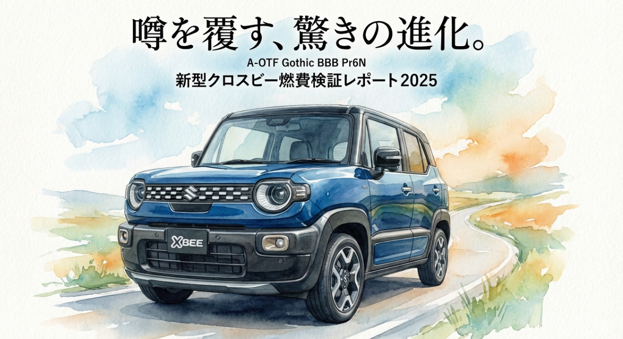 新型クロスビー燃費検証レポートの表紙スライド。「噂を覆す、驚きの進化」というキャッチコピー