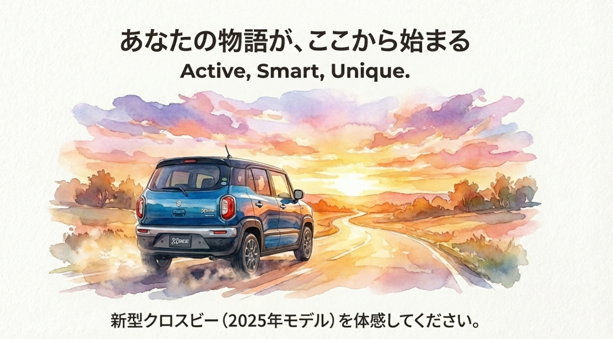 「あなたの物語が、ここから始まる」というメッセージと共に、夕暮れを走る新型クロスビーのリアビュー。