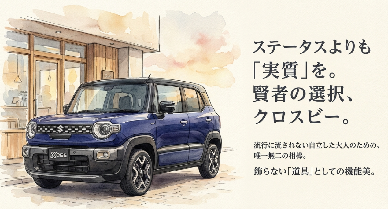 スズキ・クロスビーのコンセプトスライド。ステータスよりも「実質」を重んじる自立した大人のための唯一無二の相棒というメッセージ。