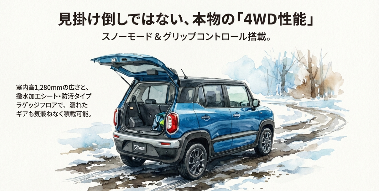 スノーモード等の4WD性能と、撥水シート・防汚ラゲッジによる高い実用性を紹介するスライド。