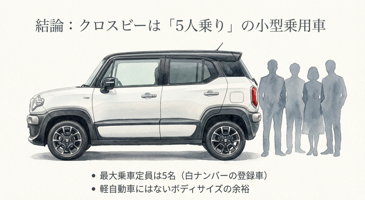 クロスビーは最大乗車定員5名の白ナンバー登録車（小型乗用車）であることを示す結論スライド