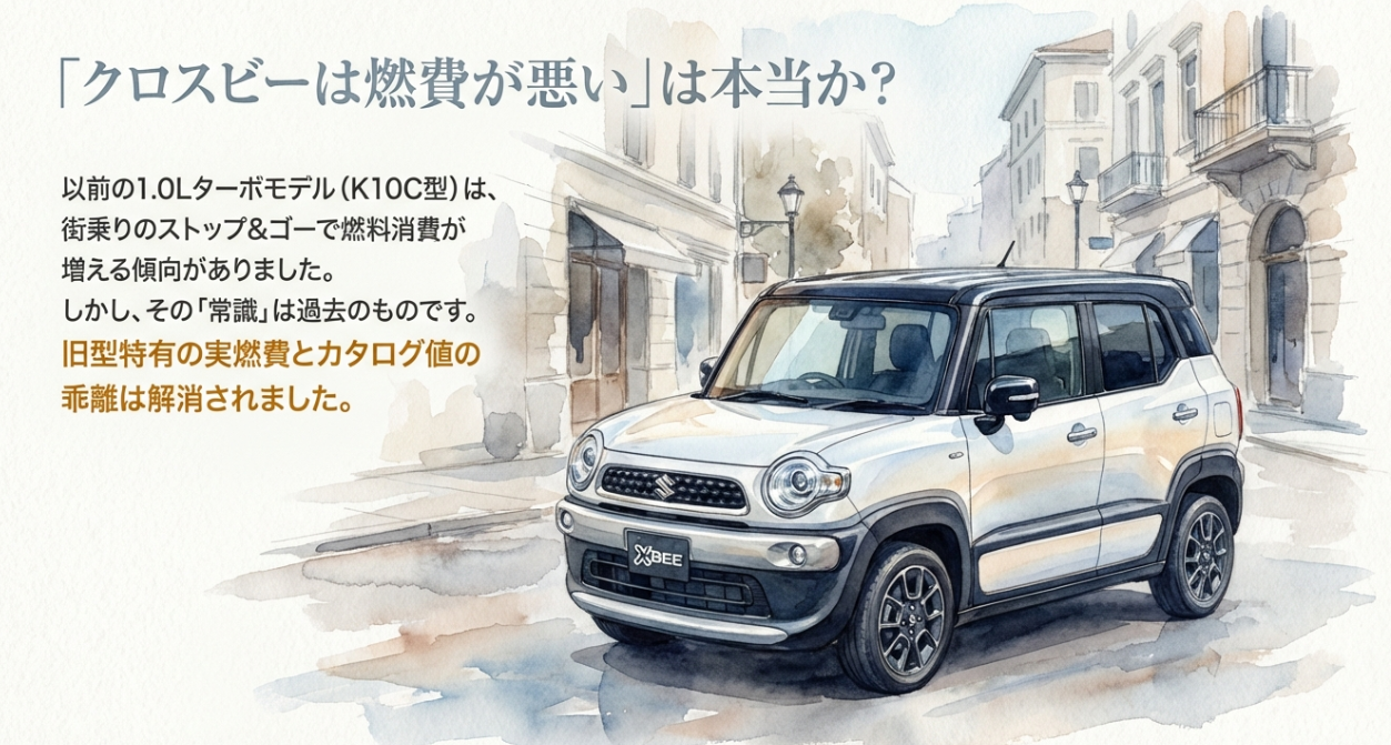 「クロスビーは燃費が悪い」は本当か？という問いかけと、旧型1.0Lターボ（K10C型）の街乗りでの燃料消費傾向を解説するスライド。