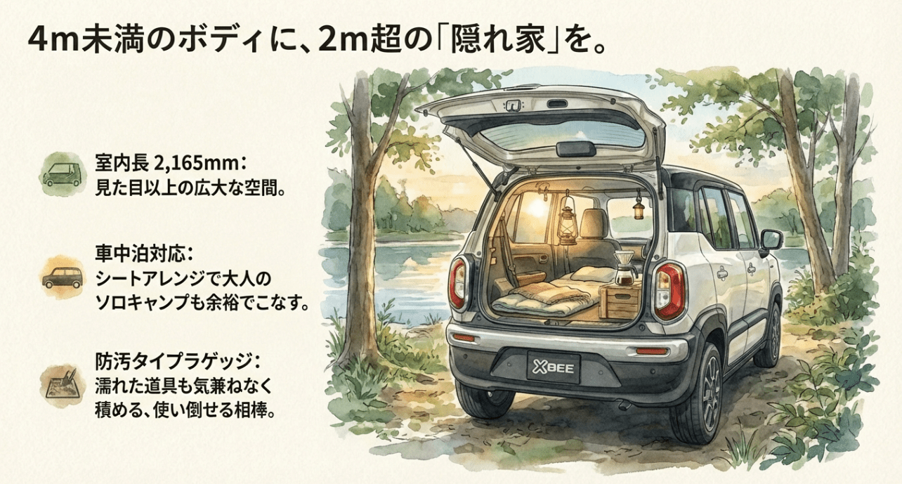 クロスビーの室内空間と車中泊のイメージ。室内長2,165mmの広さを活かしたソロキャンプ仕様のラゲッジスペース。