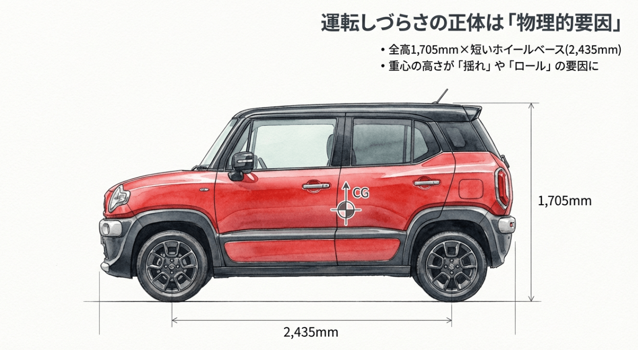 クロスビーの全高1,705mmとホイールベース2,435mm、重心位置(CG)による揺れの原因を説明する図解