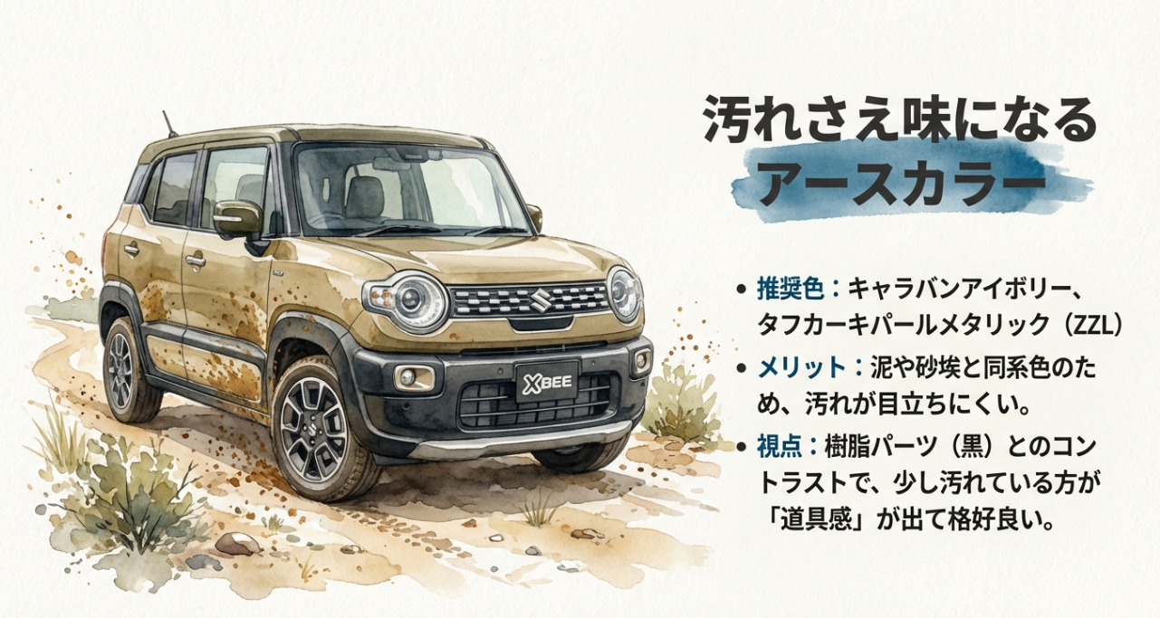 汚れさえ味になるアースカラー（アイボリー、タフカーキ）の解説。泥や砂埃と同系色で汚れが目立ちにくく、樹脂パーツとのコントラストで「道具感」が出るメリットを紹介。