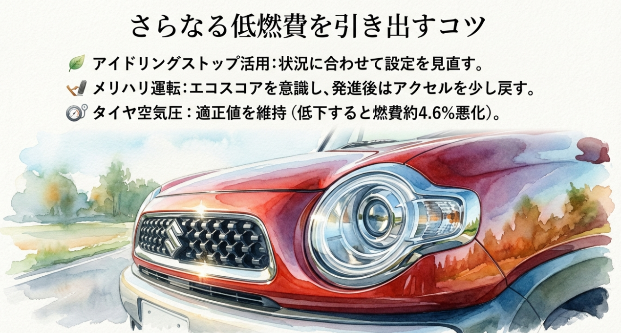 クロスビーの低燃費を引き出す3つのコツ。アイドリングストップ活用、メリハリ運転、タイヤ空気圧の維持についての解説。