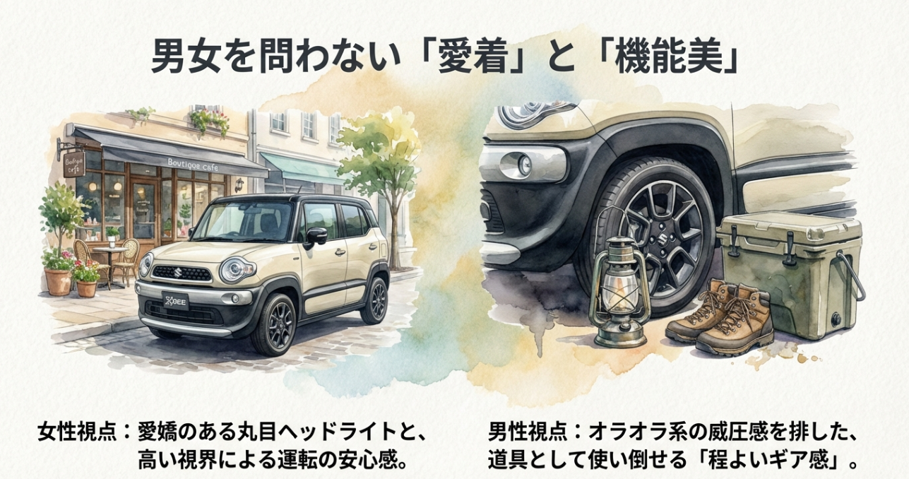 女性視点の「愛嬌のある丸目」と、男性視点の道具として使い倒せる「ギア感」を対比したデザイン解説。