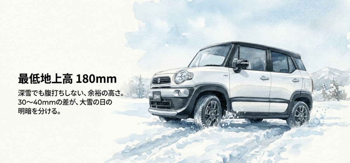 クロスビーの最低地上高180mmが深雪での腹打ちを防ぐ解説スライド