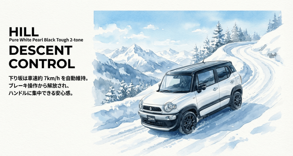 雪の下り坂で車速約7km/hを自動維持するヒルディセントコントロールの安心感