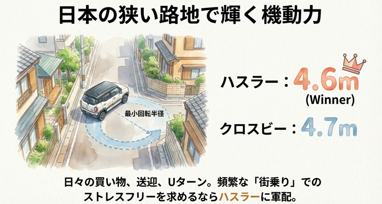 住宅街の路地でクロスビー（4.7m）とハスラー（4.6m）の最小回転半径の差を比較したイラスト。