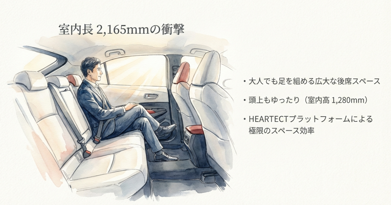 室内長2,165mmと室内高1,280mmによる広々とした室内空間とHEARTECTのスペース効率を説明するスライド