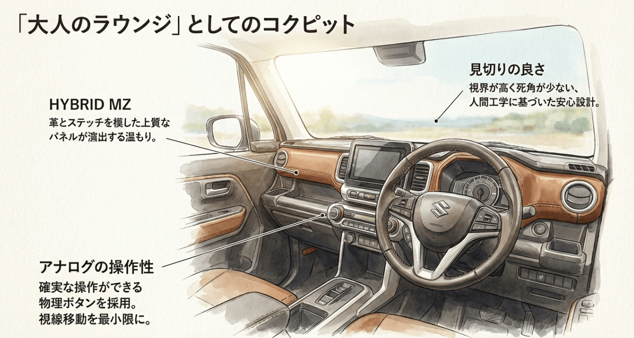 クロスビーのインテリア解説。上質な質感のパネルや、確実な操作ができる物理ボタンを採用した「大人のラウンジ」のようなコクピット。