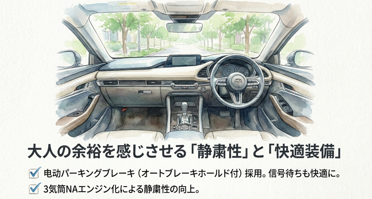 電動パーキングブレーキの採用と、3気筒NAエンジン化による静粛性向上を説明する内装イメージ。