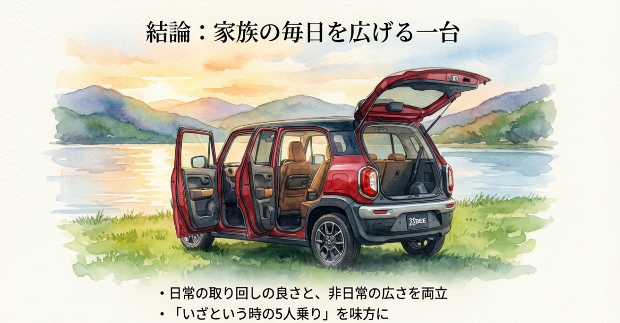 日常の取り回しの良さと非日常の広さを両立し、家族の毎日を広げるパートナーとしての最終結論スライド