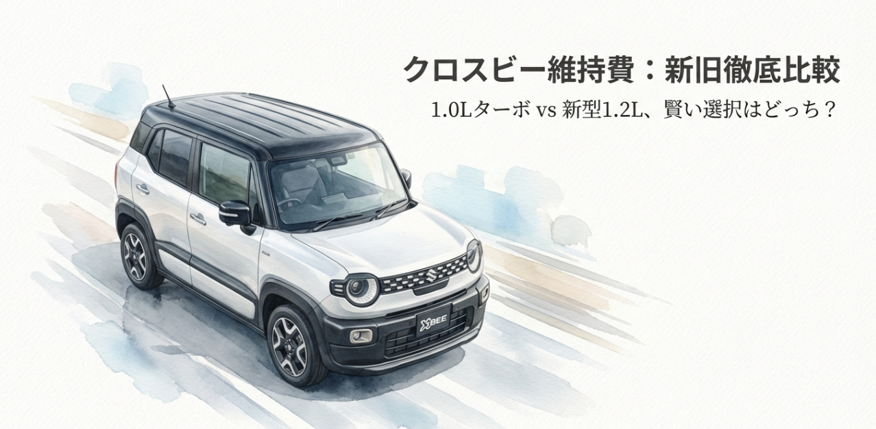 2025年10月モデル対応のクロスビー維持費比較表タイトル。1.0Lターボと新型1.2Lエンジンの維持費をプロが徹底比較。